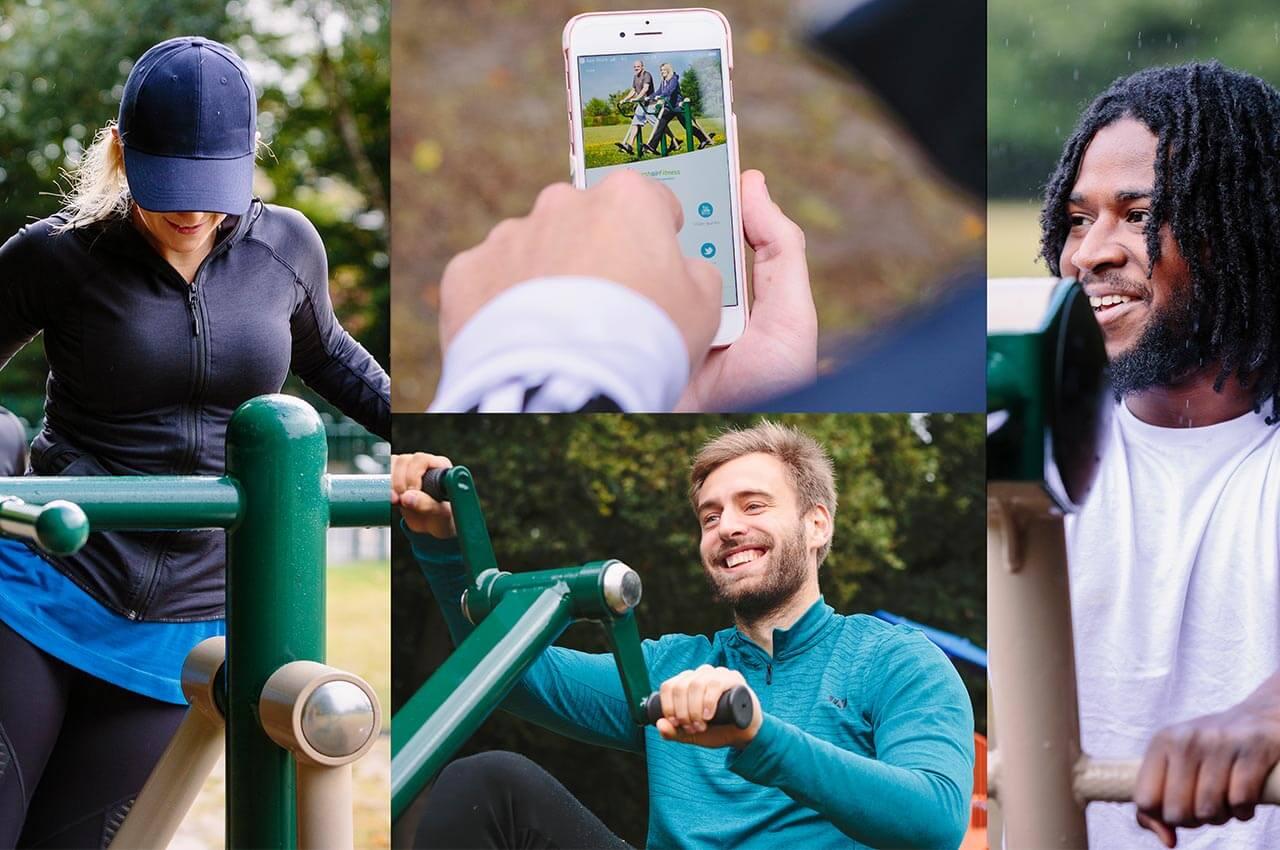 various images of people using outdoor gym and free fitness app.