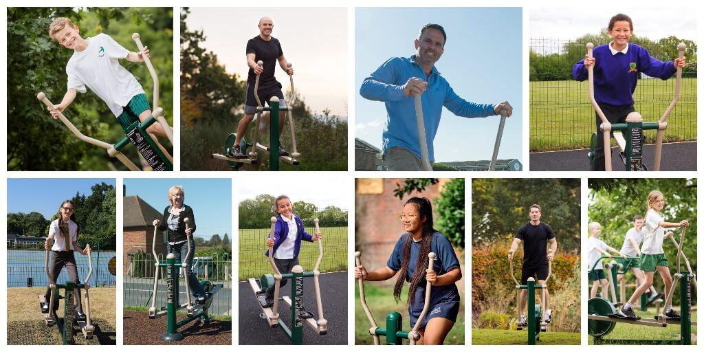 various images of the cross trainer being used by adults and children of all ages