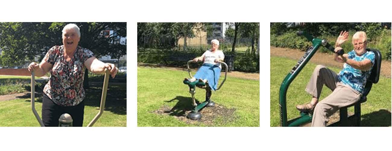 Older people using outdoor gyms for senior fitness